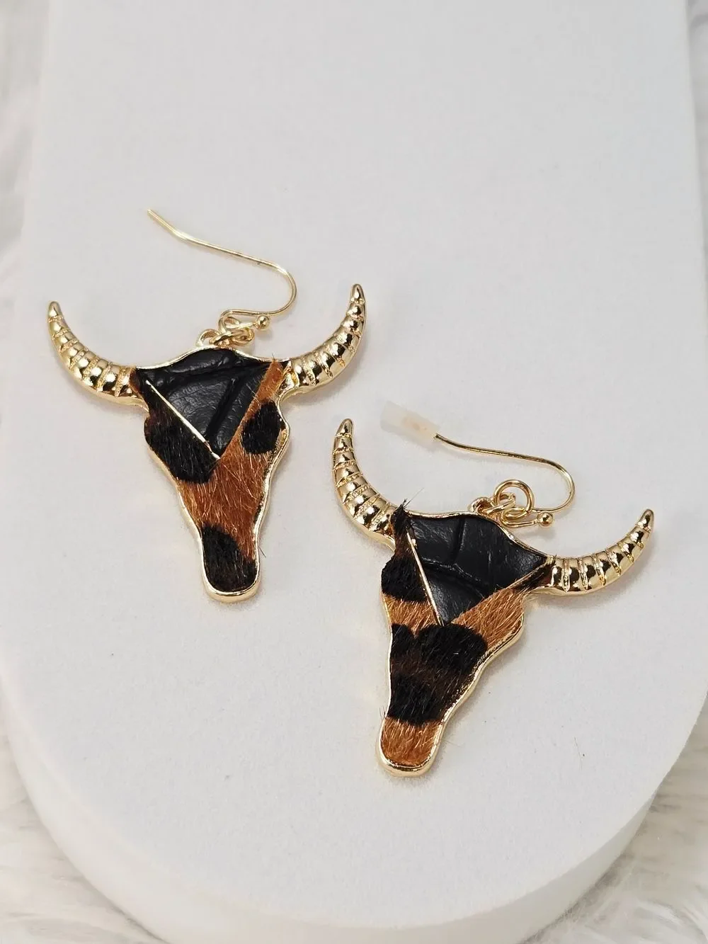 Cowhide Steer Head Earrings Gold Western Leopard Jewelry Coastal Cowgirl Glam